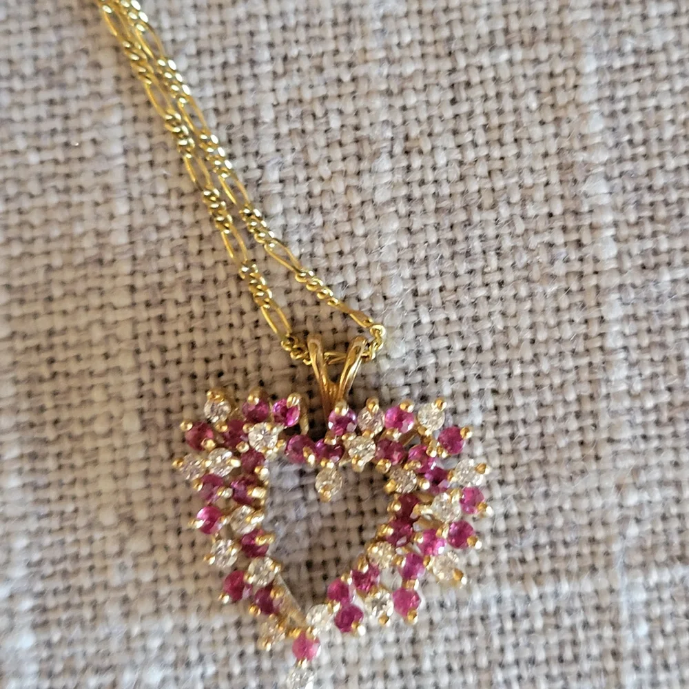 Ruby & Diamond Heart Pendant W/14K Gold Chain - Picture 1 of 3